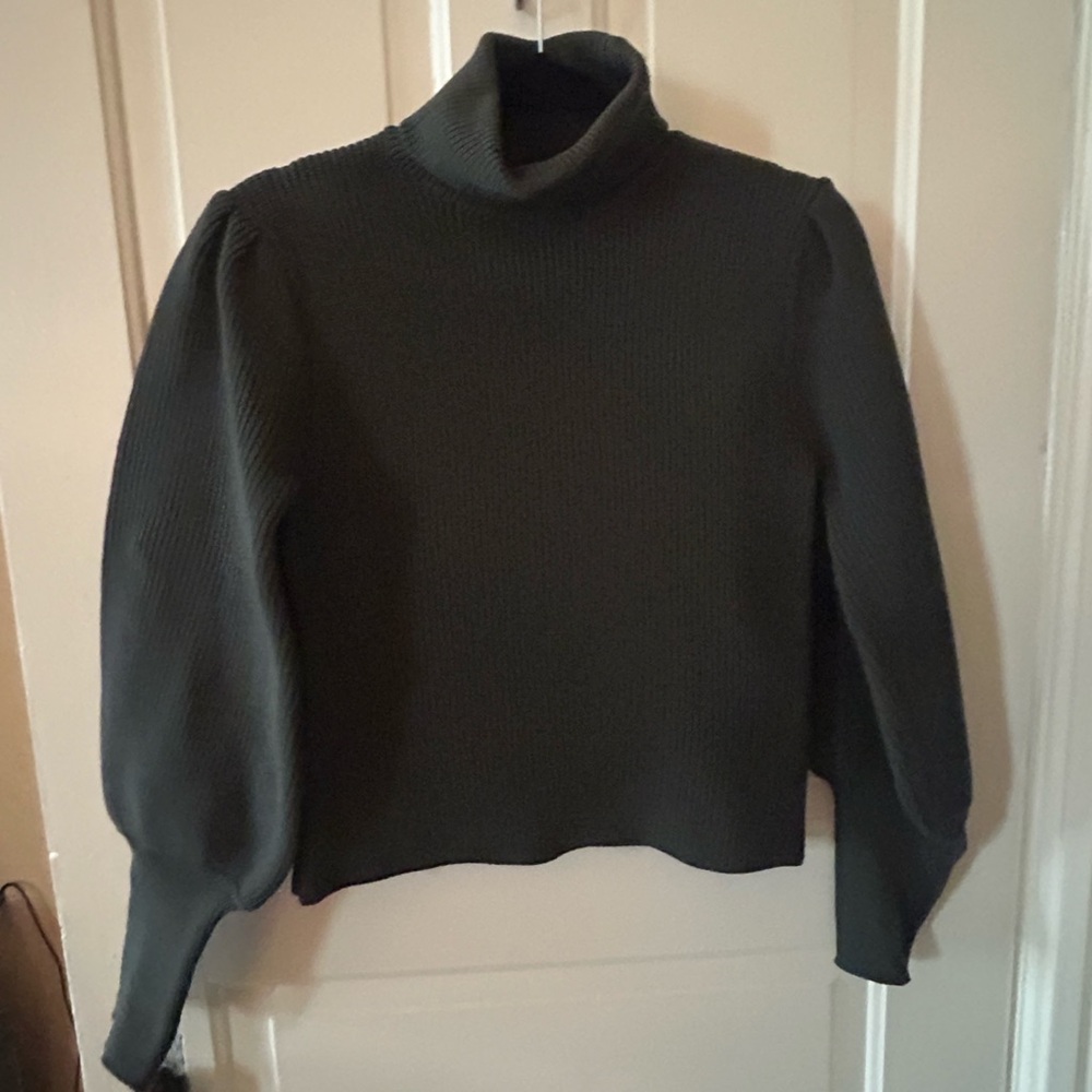 English Factory Anthropologie green turtleneck sweater with puff sleeves S